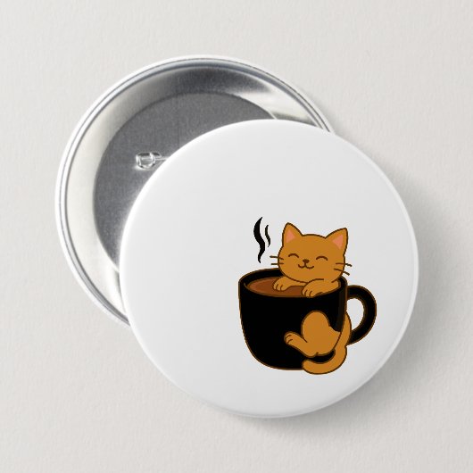 Cute Coffee Cat Button – Ginger Cat in a Mug 缶バッジ (正面&裏面)