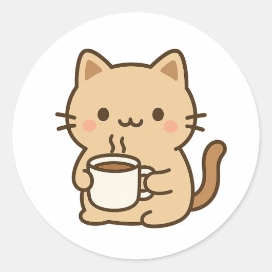 Cute Coffee Cat Kawaii Cozy Aesthetic Design ラウンドシール (正面)