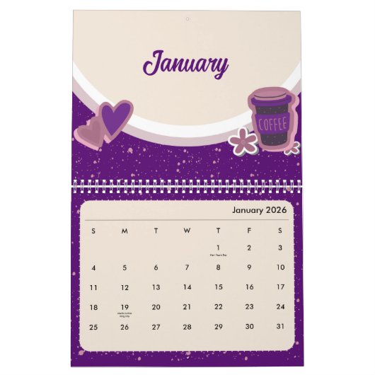Cute Coffee Cup 2026 Calendar カレンダー (1月 2026)