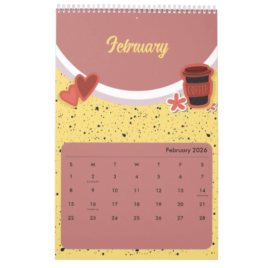 Cute Coffee Cup 2026 Calendar カレンダー (2月 2026)
