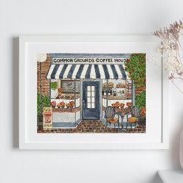 Cute Coffee House Storefront Watercolor Poster ポスター