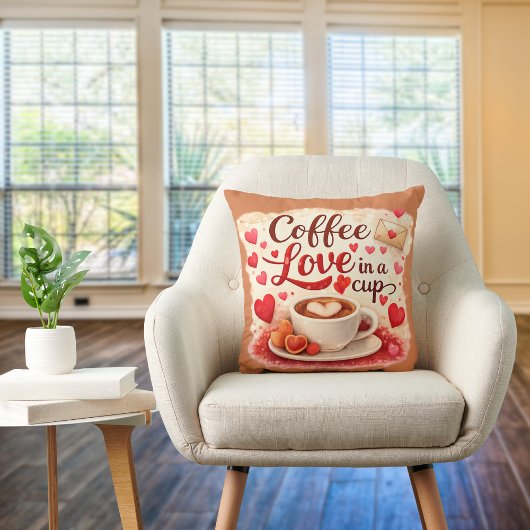 Cute Coffee Love in a Cup Valentine Quote Brown クッション