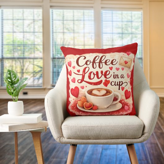 Cute Coffee Love in a Cup Valentine Quote Red クッション