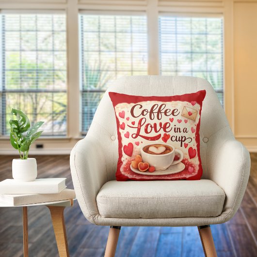Cute Coffee Love in a Cup Valentine Quote Red クッション