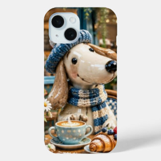 Cute Coffee Shop Puppy Dog in Beanie Hat and Scarf iPhone 15ケース