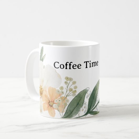 Cute CoffeeTime Teacup. Modern Minimalist Floral コーヒーマグカップ (正面左)