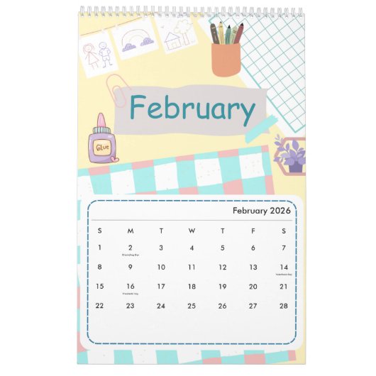 Cute Colorful 2026 Calendar カレンダー (2月 2026)