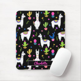 Cute Colorful Alpaca Cactus Custom Name Black マウスパッド