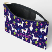 Cute Colorful Alpaca Cactus Custom Name Dark Blue アクセサリーポーチ (見開き)