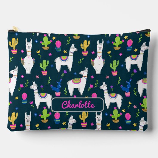 Cute Colorful Alpaca Cactus Personalized Name アクセサリーポーチ (正面)