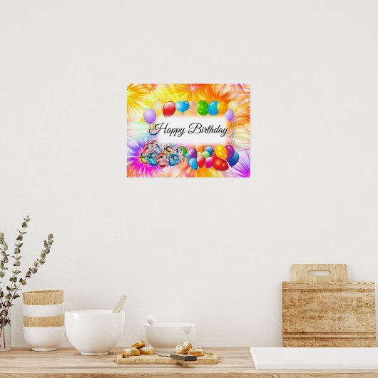 Cute, Colorful Balloons, Fireworks, Birthday ポスター (キッチン)