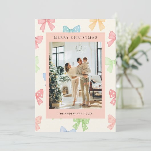 Cute Colorful Bow Pattern 5 Photo Christmas シーズンカード (スタンド正面)