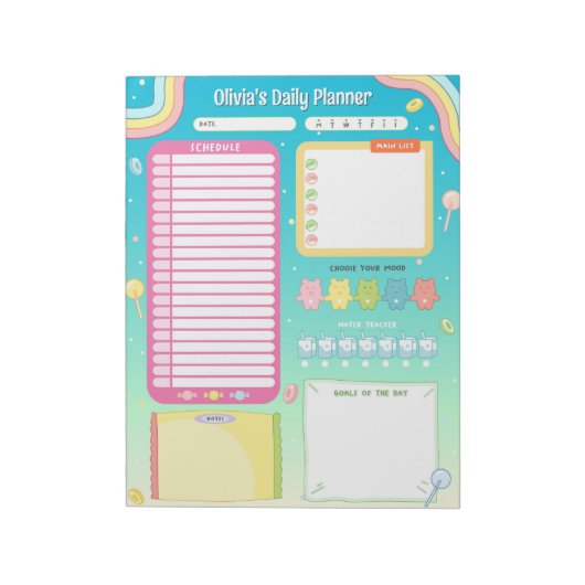 Cute Colorful Candy Daily Planner Notepad Teal ノートパッド (回転)