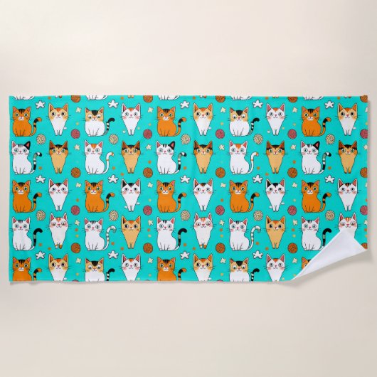 Cute Colorful Cat Pattern 🐱🎨 Playful Yarn Ball  ビーチタオル (正面)