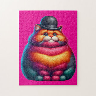 Cute Colorful Chubby Cat with Bowler Hat ジグソーパズル