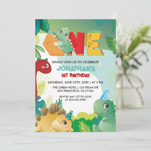 Cute Colorful Dinosaur Boys First Birthday  招待状 (スタンド正面)