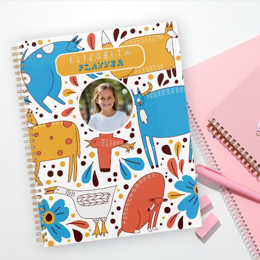 Cute Colorful Handrawing animals Custom Name Photo プランナー手帳