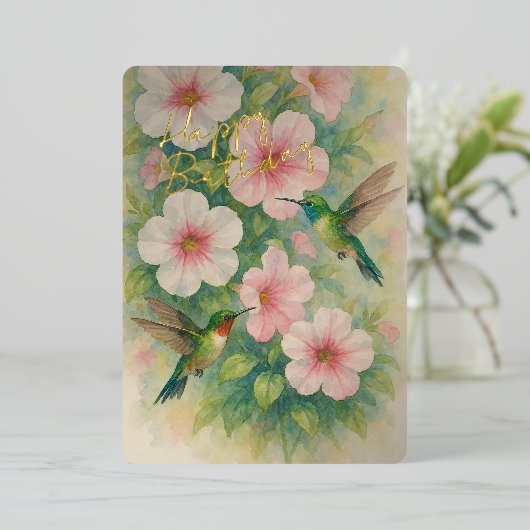 Cute Colorful Hummingbirds Gold Foil Birthday Card 箔シーズンカード (立ち正面)