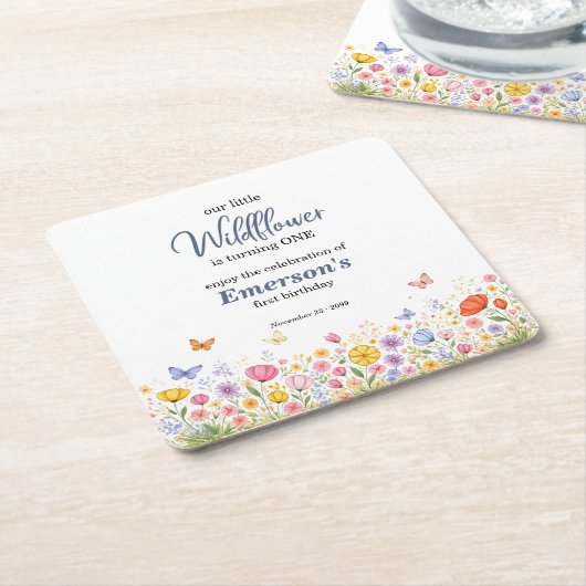 Cute Colorful Little Wildflower 1st Birthday Party スクエアペーパーコースター (アングル)