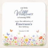 Cute Colorful Little Wildflower 1st Birthday Party スクエアペーパーコースター (正面)