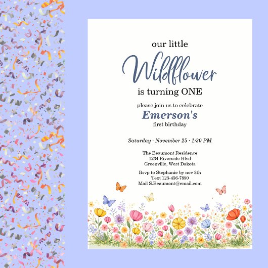 Cute Colorful Little Wildflower 1st Birthday Party 招待状