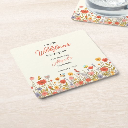 Cute Colorful Little Wildflower Bee's 1st Birthday スクエアペーパーコースター (アングル)