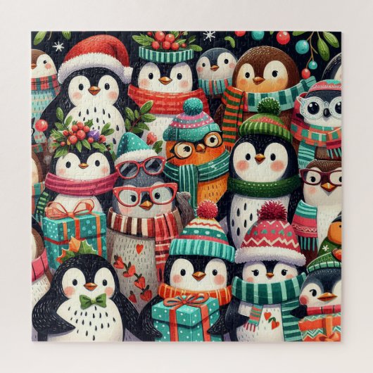 Cute colorful Penguins dressed for Winter ジグソーパズル (縦)