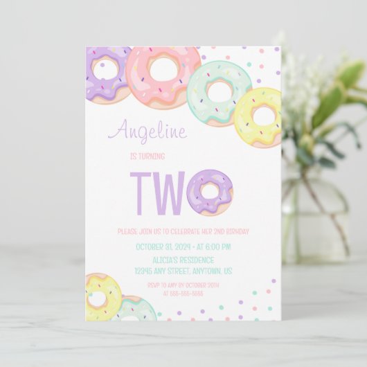 Cute Colorful Sprinkle Donuts 2nd Birthday 招待状 (スタンド正面)