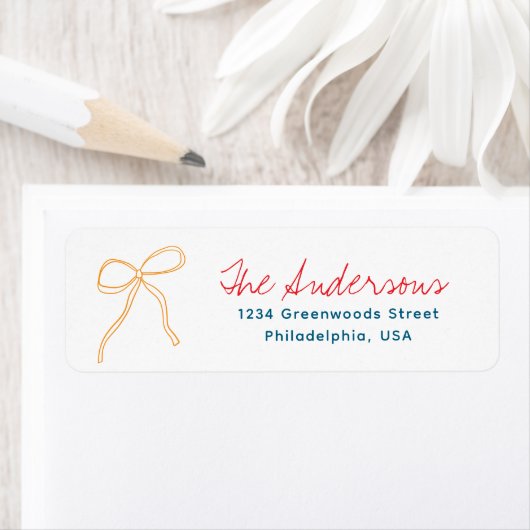 Cute Colorful Whimsical Hand Drawn Red Ribbon Bow  ラベル (インサイチュ)