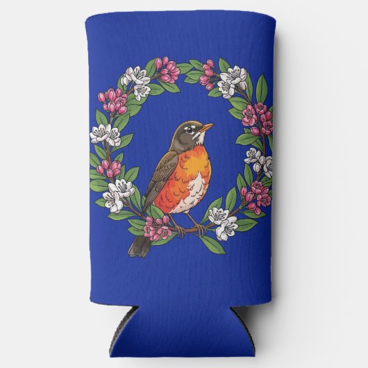 Cute Connecticut Bird With Kalmia latifolia スリム缶クーラー (正面)