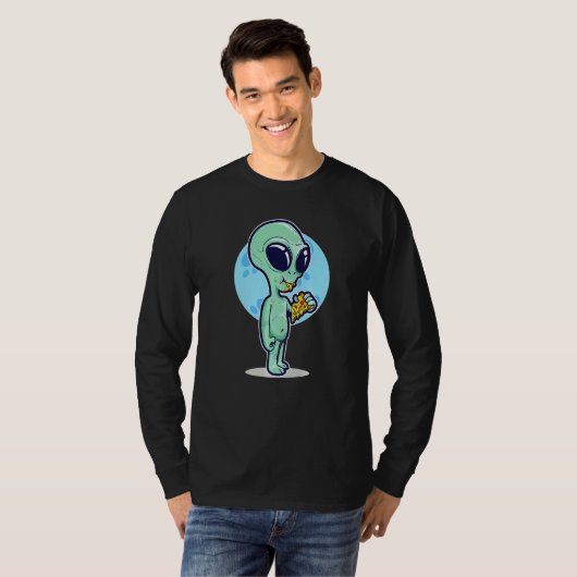 Cute Conspiracy Theory UFO Alien Eating Pizza Tシャツ (正面フル)