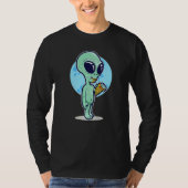 Cute Conspiracy Theory UFO Alien Eating Pizza Tシャツ (正面)