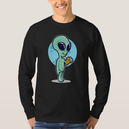 Cute Conspiracy Theory UFO Alien Eating Pizza Tシャツ (正面)