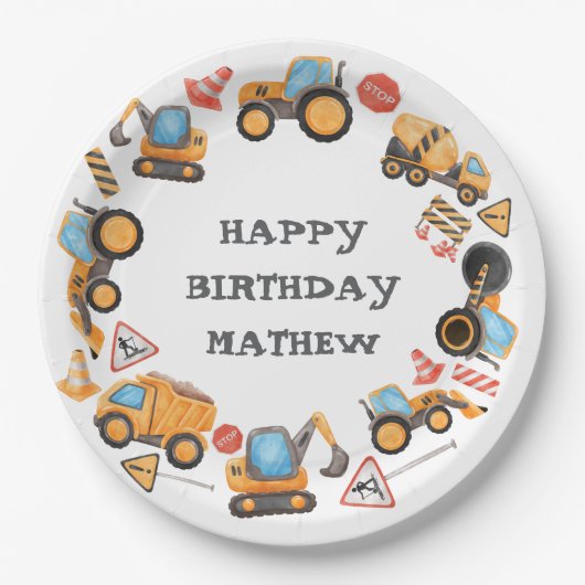  Cute Construction Birthday  ペーパープレート (正面)