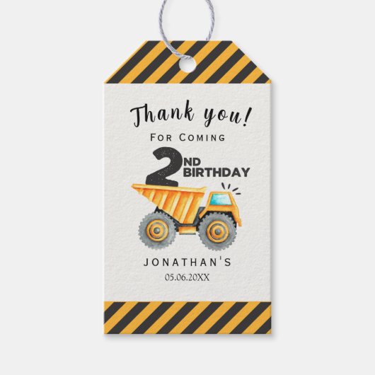 Cute Construction Birthday Boy Party 2nd Birthday ギフトタグ (正面)