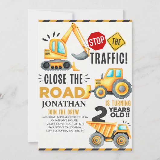 Cute Construction Birthday Party 2th Years 招待状 (正面)