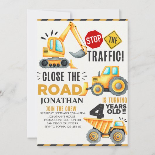 Cute Construction Birthday Party 4th Years 招待状 (正面)