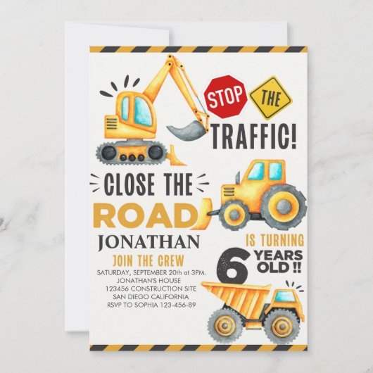 Cute Construction Birthday Party 6th Years 招待状 (正面)