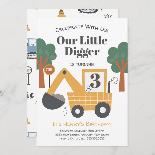 Cute Construction Dump Truck Third Birthday Party  招待状 (正面/裏面)