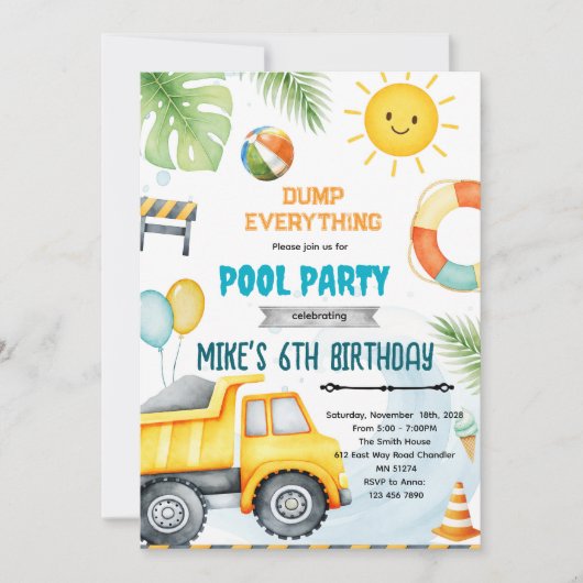 Cute construction pool theme invitation 招待状 (正面)