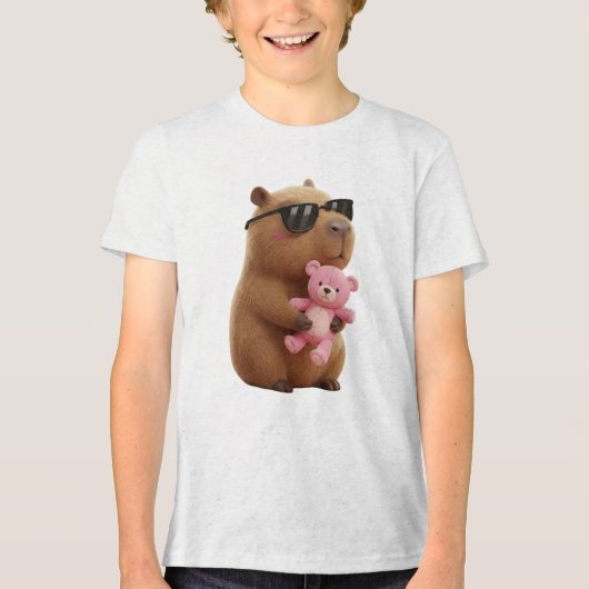 Cute Cool Capybara Hugging Teddy Bear Kids T-Shirt トライブレンドＴシャツ (正面)
