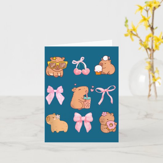 Cute Coquette Bow Capybara Pajamas Pjs Clothes Gir カード (黄色い花)