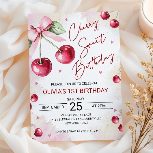 Cute Coquette Cherry Sweet Birthday Invitation 招待状
