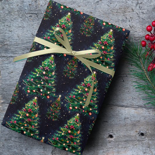 Cute Coquette Christmas trees dark navy ラッピングペーパー