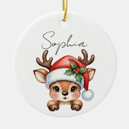 Cute Coquette Floral Christmas Reindeer セラミックオーナメント (正面)