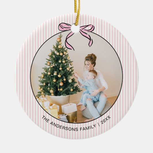 Cute Coquette Pink Bow Photo Christmas  Ceramic Or セラミックオーナメント (正面)