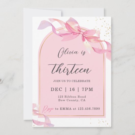 Cute Coquette Pink Gold Bow Girl Birthday 招待状 (正面)