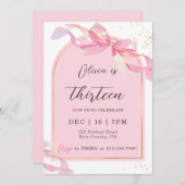 Cute Coquette Pink Gold Bow Girl Birthday 招待状 (正面/裏面)