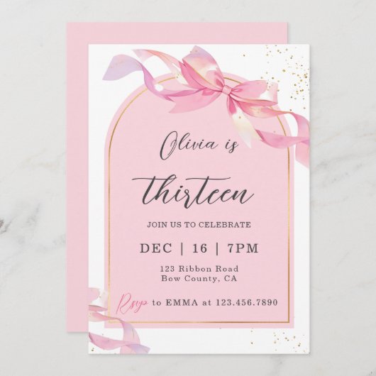 Cute Coquette Pink Gold Bow Girl Birthday 招待状 (正面/裏面)