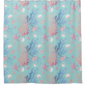Cute Corals Seashells Oysters Ocean Robin Egg Blue シャワーカーテン (正面)